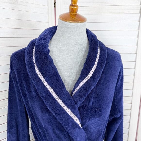 Victorias Secret Logo Ribbon Trim Fleece Bathrobe Robe Blue Small - Picture 5 of 12
